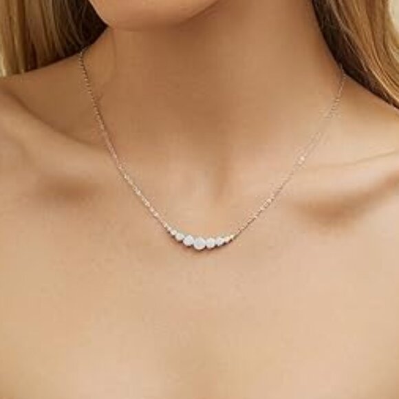 Neiman Marcus 18K White Gold Plated Created White Opal Graduated Necklace - Picture 2 of 5